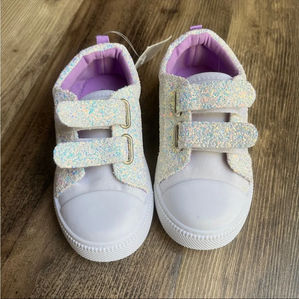 Kids Glitter Velcro Sneaker - White with Purple Accents